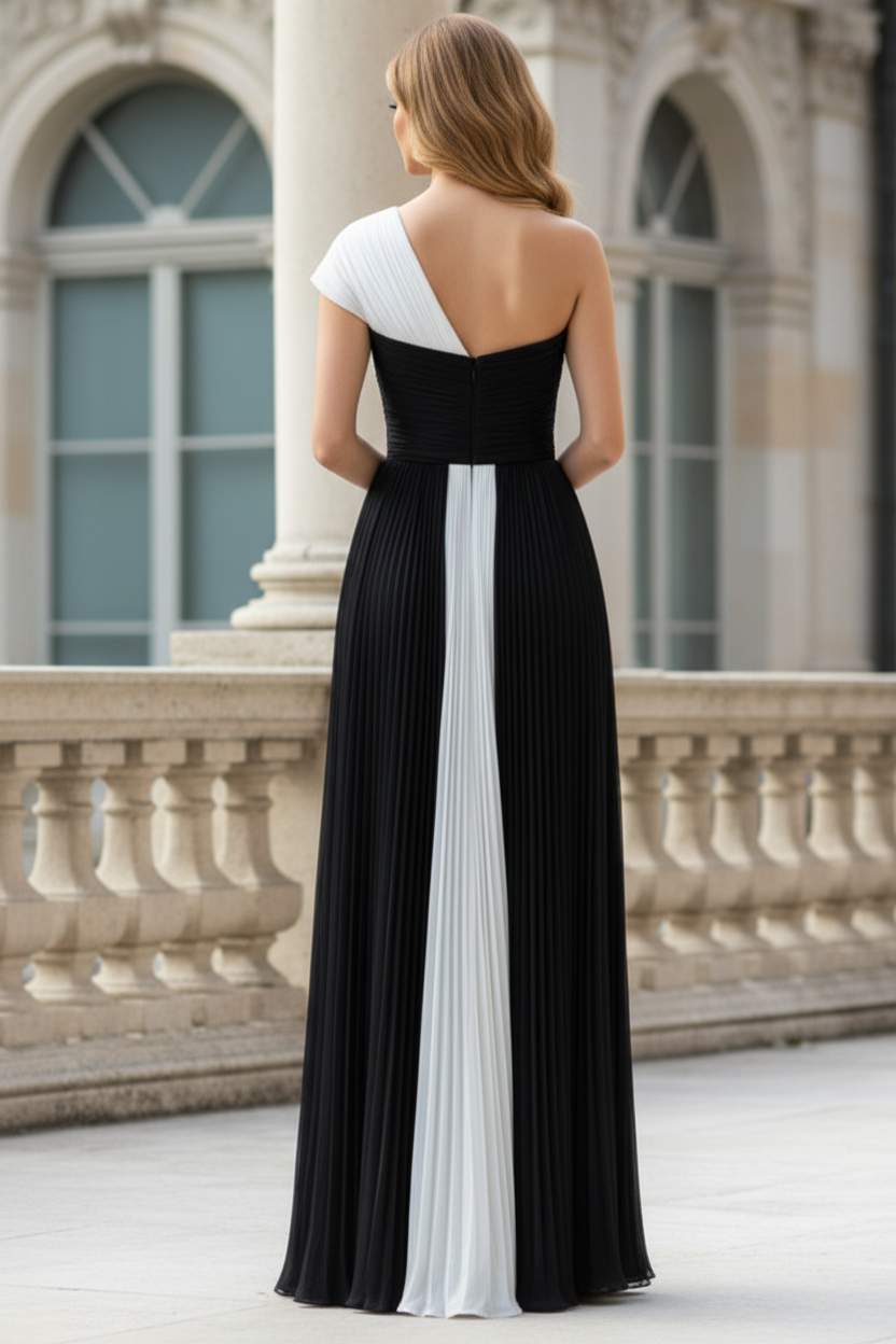 Asymmetrical Cap Sleeves Pleated A-Line Evening Dress