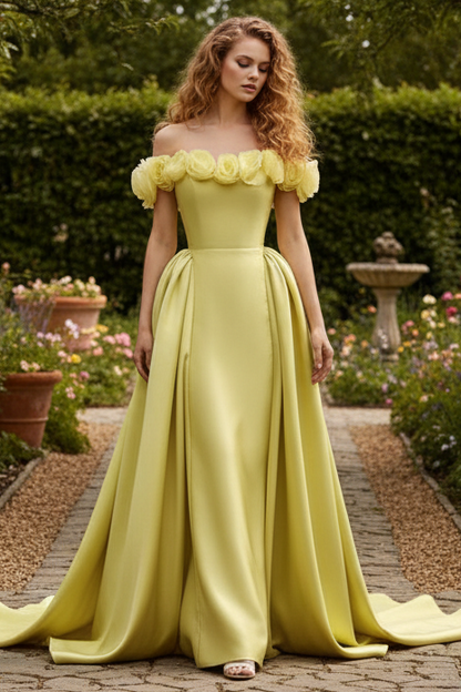 Off-Shoulder 3D Floral Satin Sheath Formal Dress