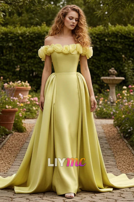 Off-Shoulder 3D Floral Satin Sheath Formal Dress