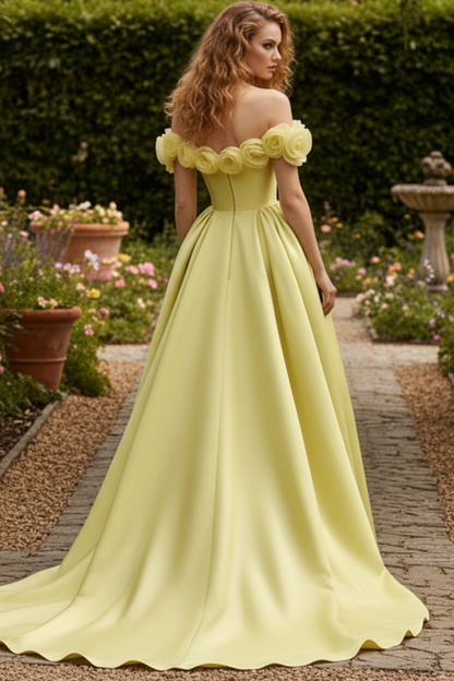 Off-Shoulder 3D Floral Satin Sheath Formal Dress