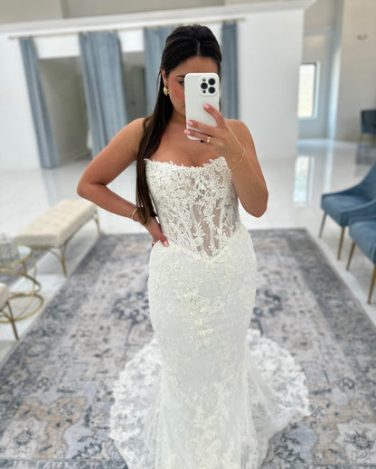 Mermaid Tulle Lace Appliqued Long Sleeves Bride Wedding Dresses Boho Wedding Gowns