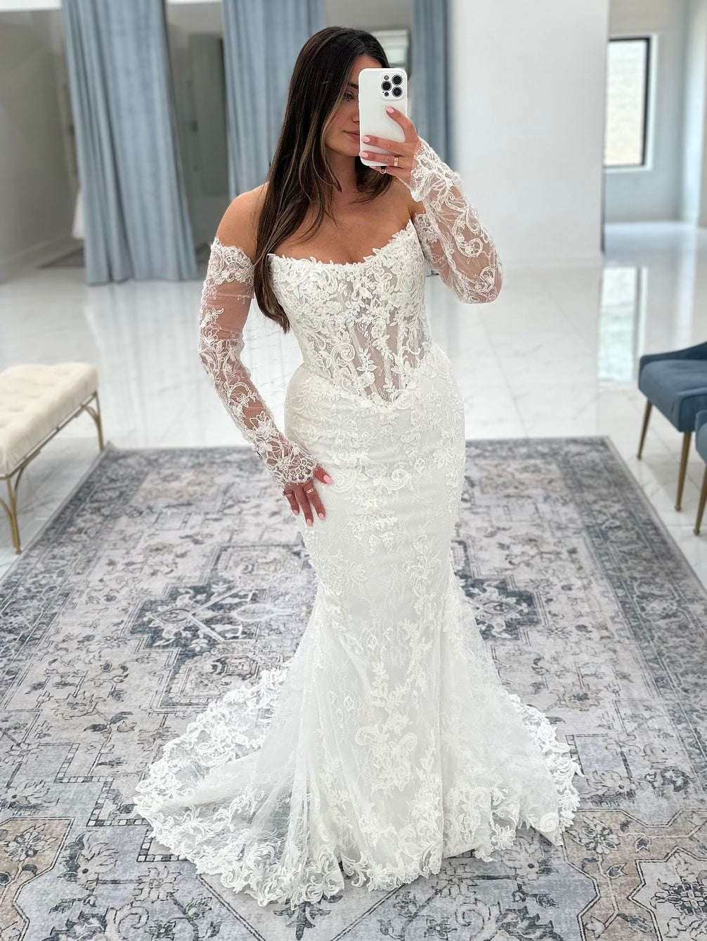 Mermaid Tulle Lace Appliqued Long Sleeves Bride Wedding Dresses Boho Wedding Gowns