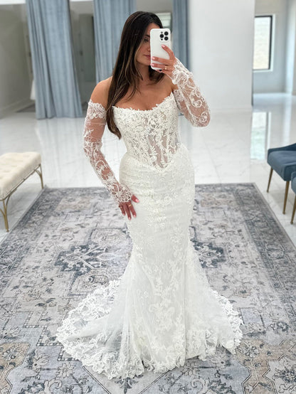 Mermaid Tulle Lace Appliqued Long Sleeves Bride Wedding Dresses Boho Wedding Gowns
