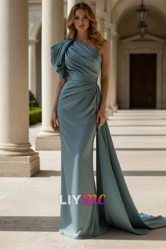 One Shoulder Short Sleeves Mermaid Evening Dress