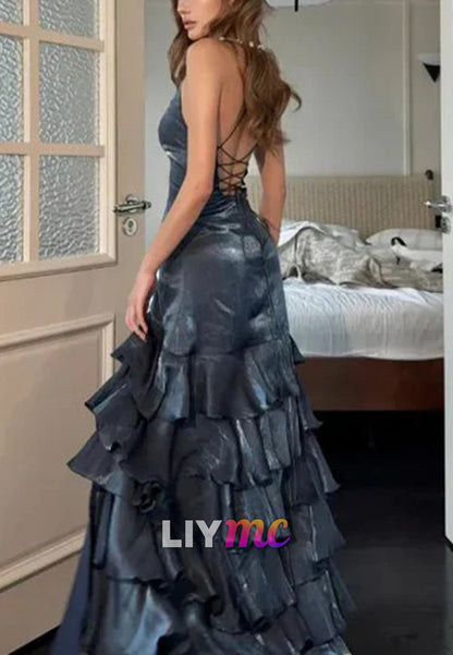 Sexy V Neck Blue Satin Layered Slit Mermaid Long Party Dress Formal Wedding Guest Dress