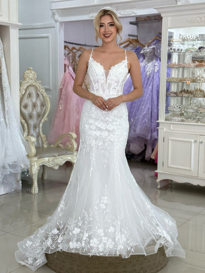 Mermaid Tulle Appliqued V Neck Boho Wedding Dresses Plus Size Bride Wedding Gowns