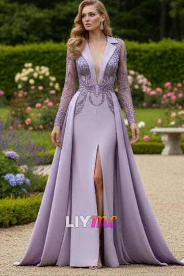 Blazer V-Neck Long Sleeves Appliques Mermaid Evening Dress
