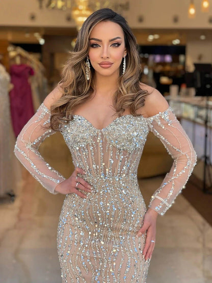 Off-Shoulder Long Sleeves Beaded Embroidery Sparkly Mermaid Prom Dress