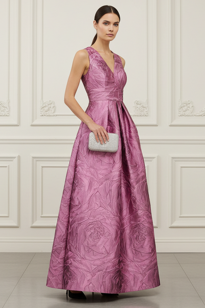 V-Neck Floral Printed A-Line Satin Mother of Bride Dress