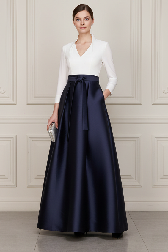 V-Neck Long Sleeves Satin A-Line Mother of Bride Dress