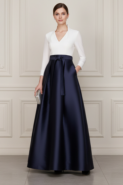 V-Neck Long Sleeves Satin A-Line Mother of Bride Dress