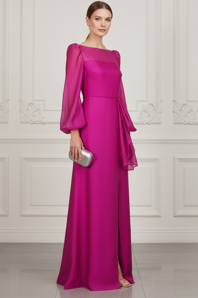 Scoop Long Sleeves Sheath Ruffles Mother of Bride Dress
