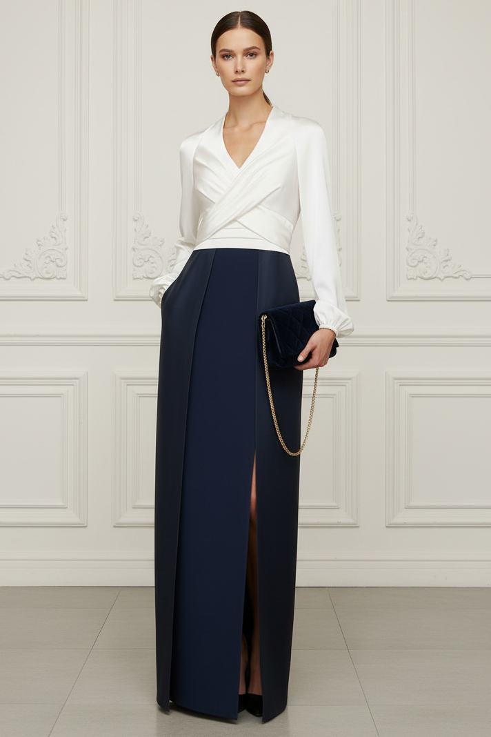V-Neck Long Sleeves Satin Sheath Mother of Bride Dress