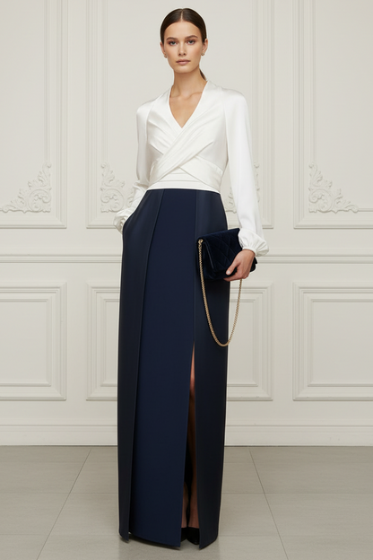 V-Neck Long Sleeves Satin Sheath Mother of Bride Dress