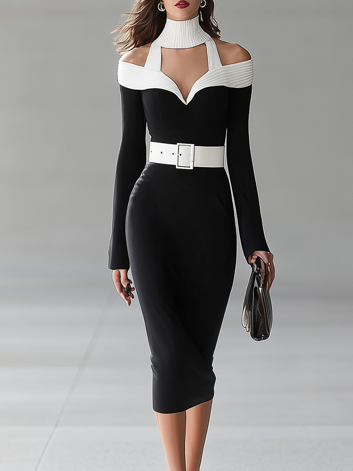 Black And White Color-blocked Halter Neck Off-shoulder Dress