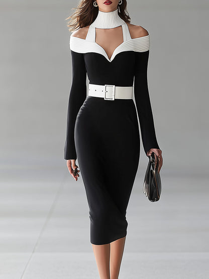 Black And White Color-blocked Halter Neck Off-shoulder Dress