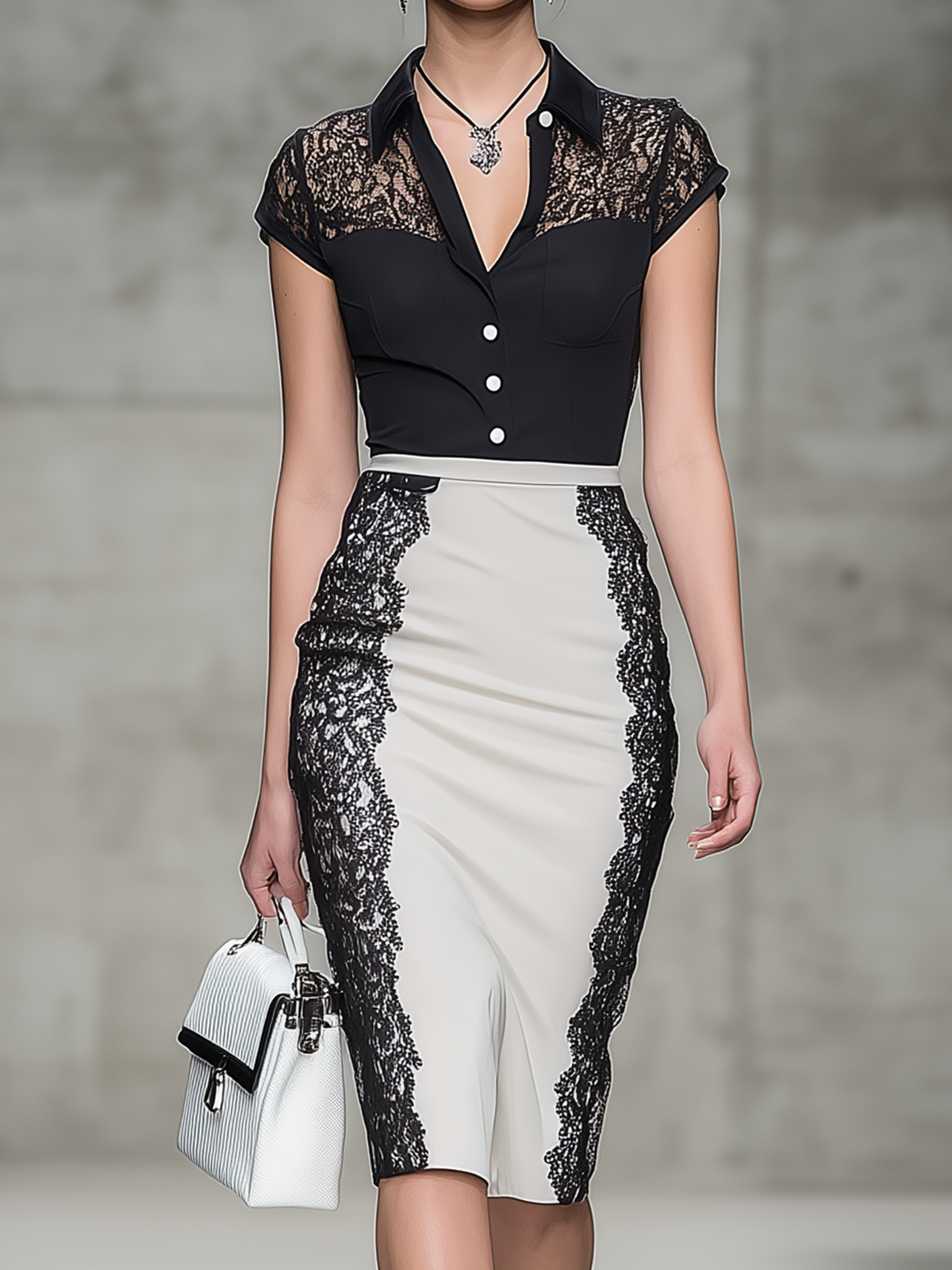 Black Lace Contrast Collared Short Sleeve Pencil Dress