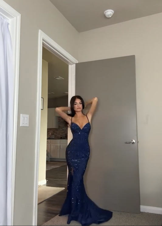 Sparkling Dark Blue Spaghetti-Straps Mermaid Sleeveless Split Prom Dress