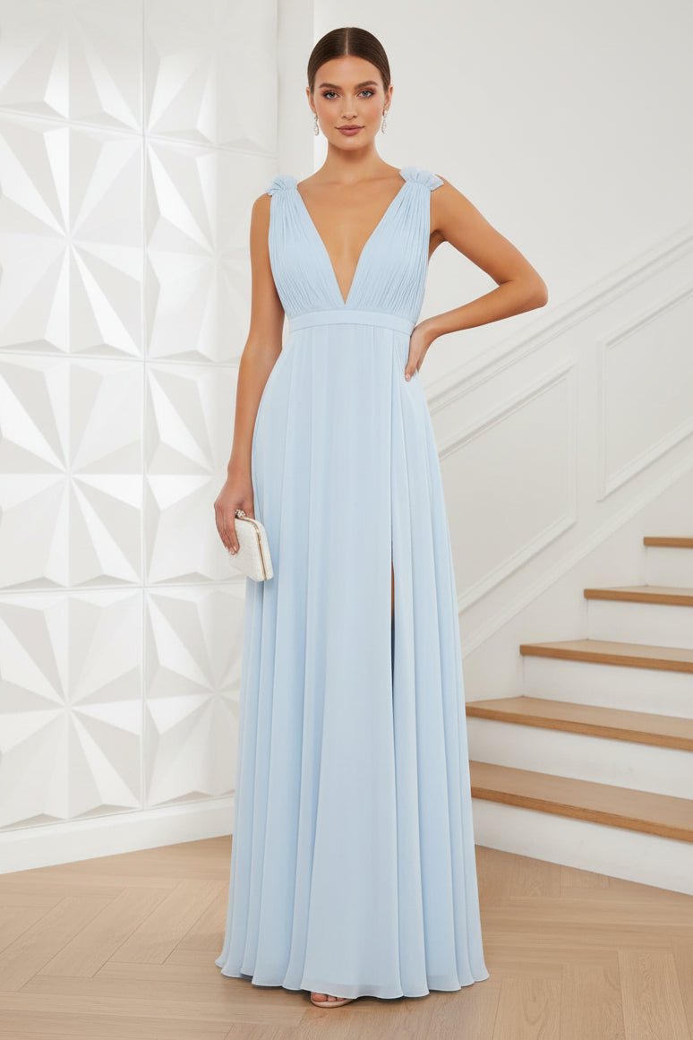 Wedding Guest Dress Blue Pleated Chiffon Sleeveless Dress