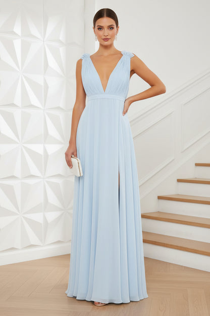 Wedding Guest Dress Blue Pleated Chiffon Sleeveless Dress