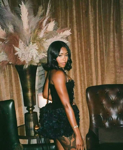 Sexy Black Satin Rose Halter Cocktail Dress Sheath Short Birthday Dress Homecoming Dress