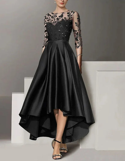 Round Neck Lace Solid Color Midi Dress