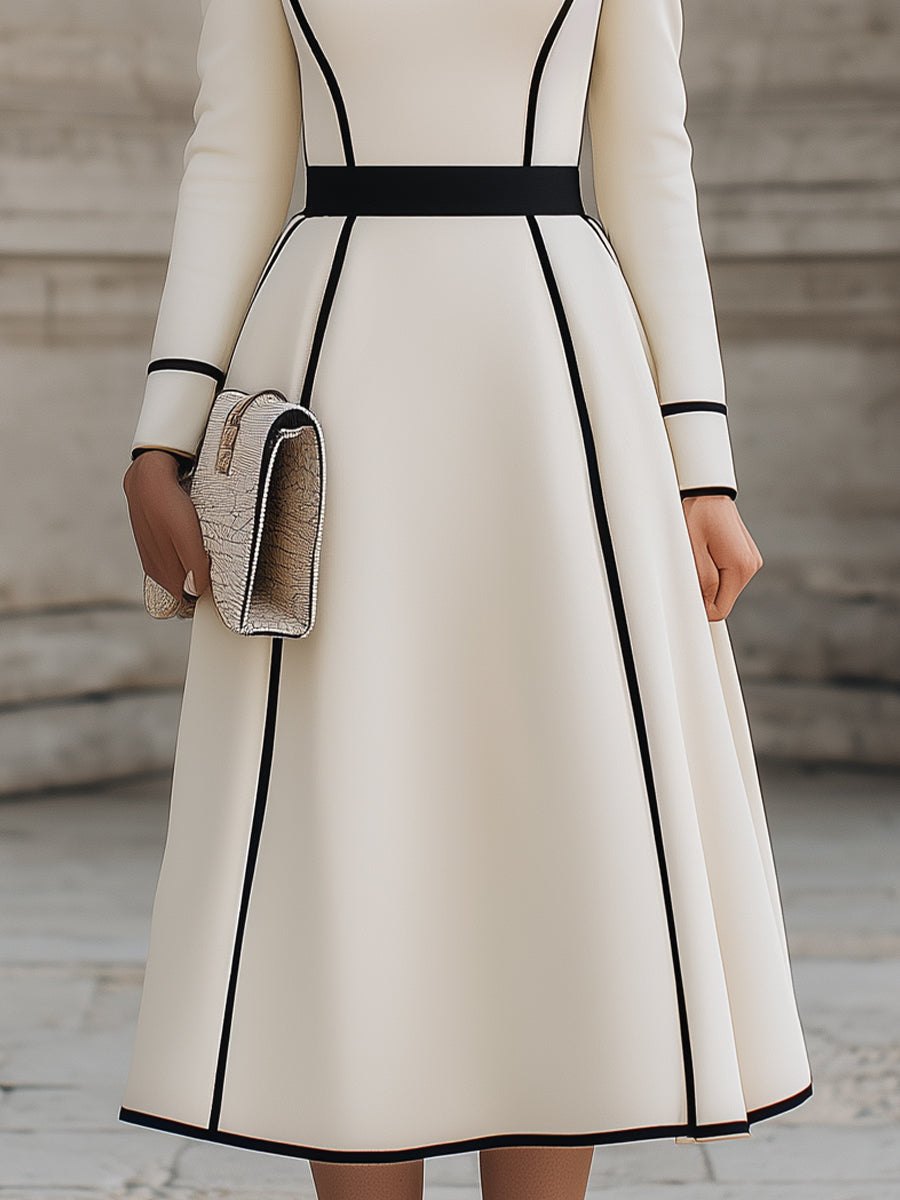 Ivory Long-Sleeve A-Line Midi Dress With Contrast Panel Lines