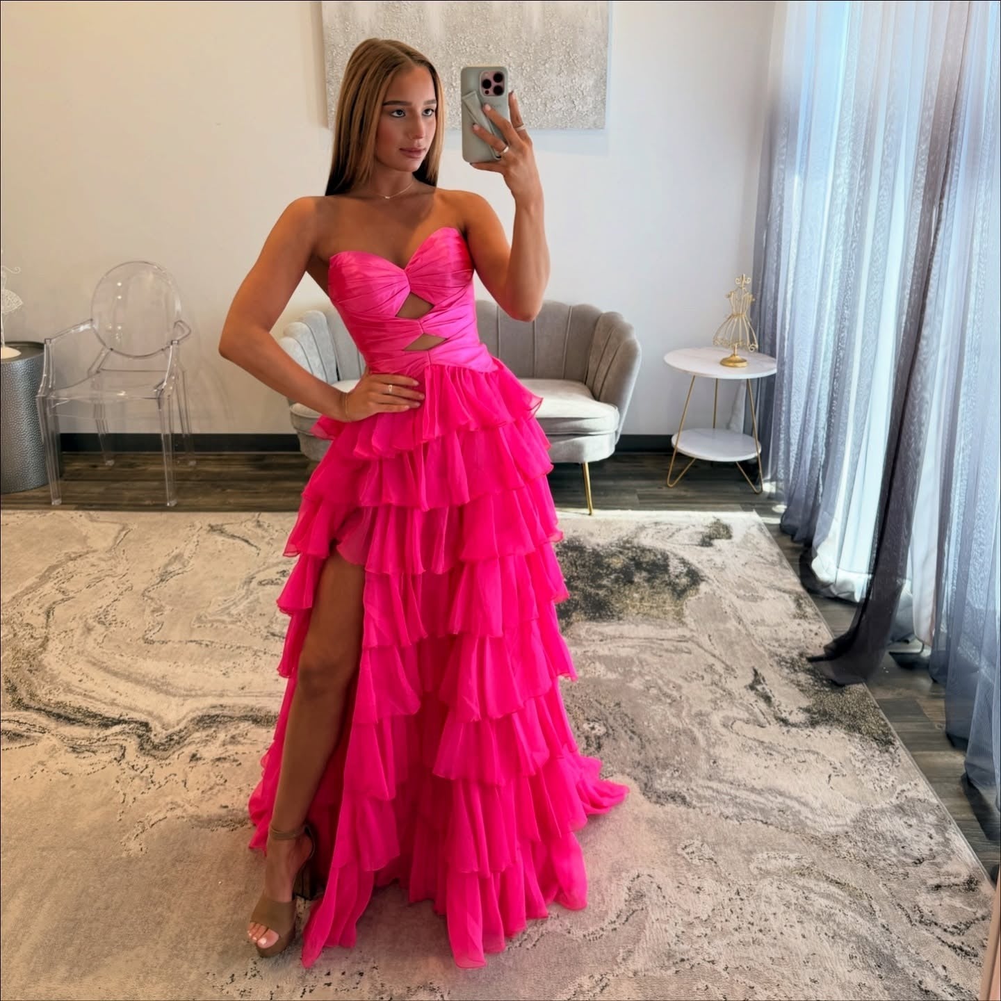 Sweetheart A Line Chiffon Ruffled Prom Dresses Strapless Keyhole Evening Gowns for Women