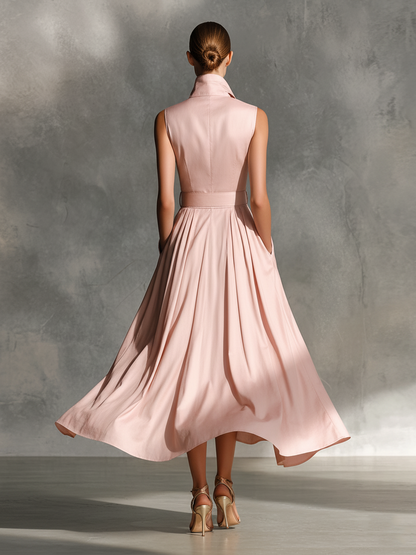 Women's Elegant Cotton Blend Blush Sleeveless Collared Button-Front Belted Midi Dress