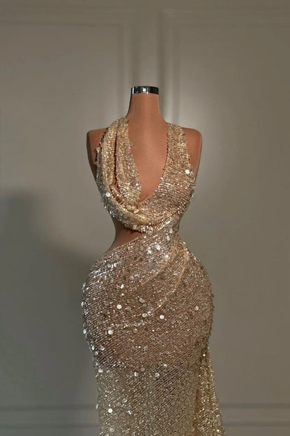 Sequins Evening Dress V Neck Sleeveless Hatler Sexy Long