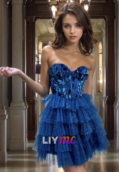 Sweetheart Sleeveless Sparkly Tulle A-Line Short Homecoming Dress