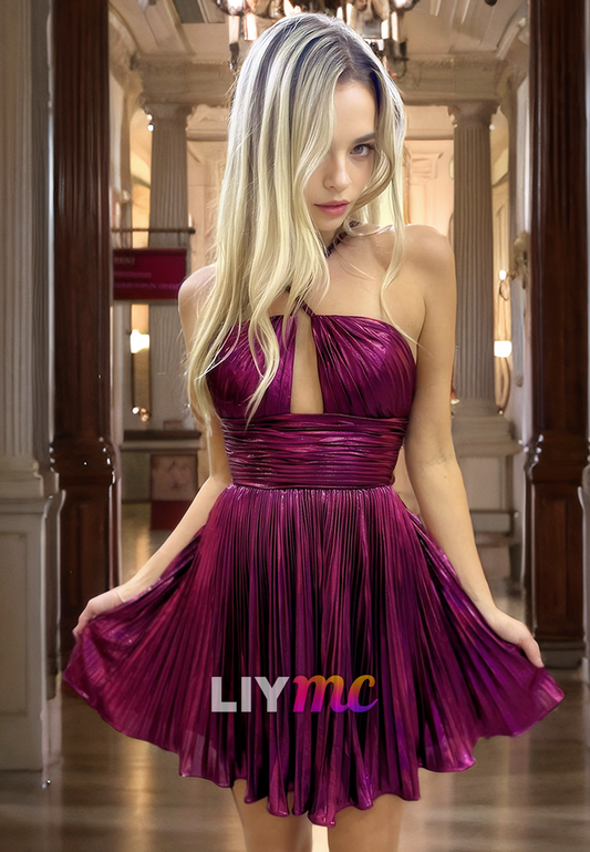 Halter Sleeveless Pleated A-Line Short Homecoming Dress