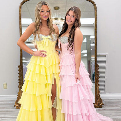 Sweetheart Corset Crystal Beaded Prom Dresses A Line Chiffon Ruffled Evening Gowns