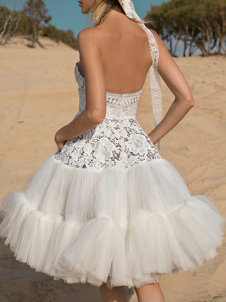 Elegant Bandeau Embroidered Backless See-Through A-Line Wedding Mini Dress