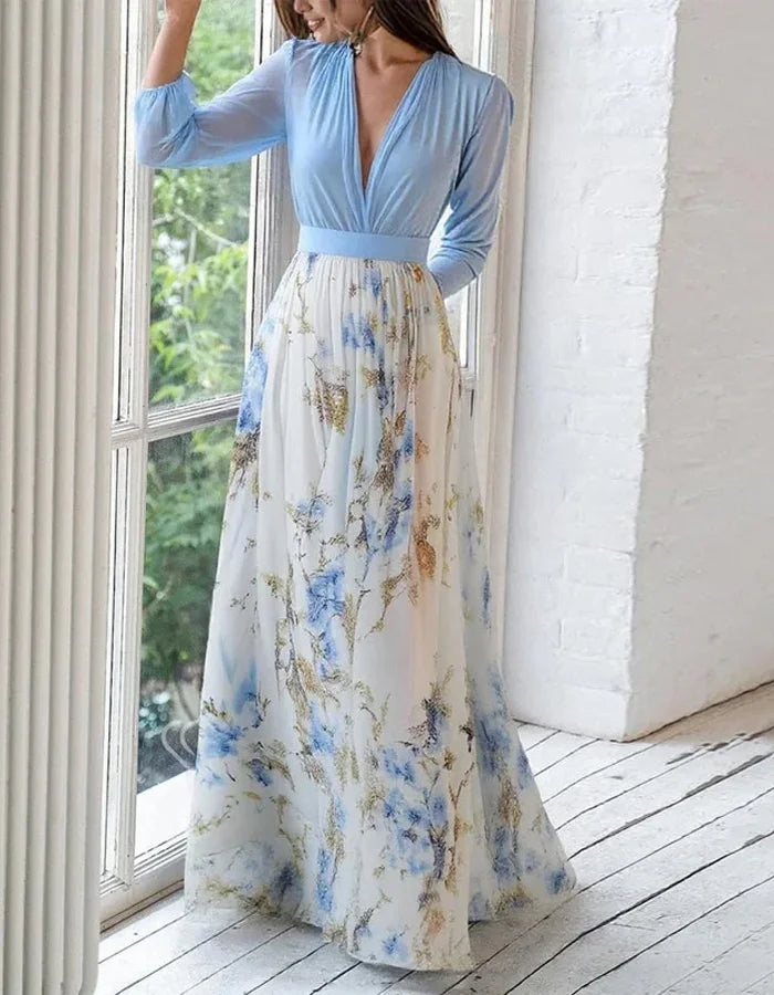 Elegant Light Blue and White Chiffon Gown with Sheer Sleeves and Floral Print