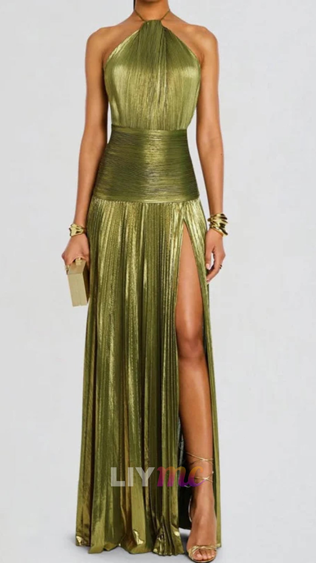 Charming Green Halter Sleeveless Backless Split Prom Dress with Pleated