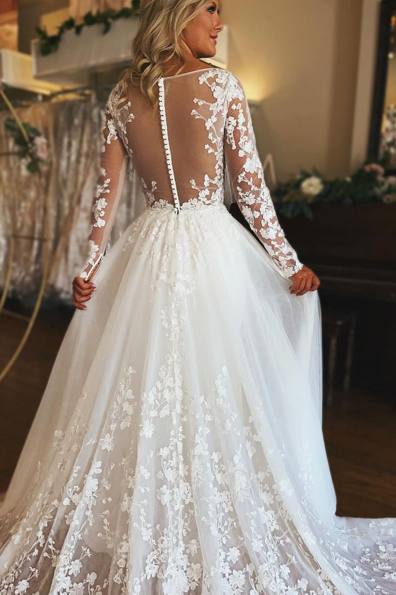 Charming A-Line V Neck Long Sleeve Tulle Lace Wedding Dresses