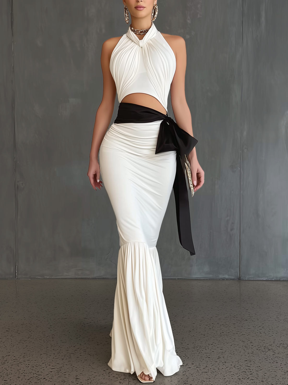 White Stretch Knit Openwork Halter Neck Twisted Bow Sleeveless Maxi Dress