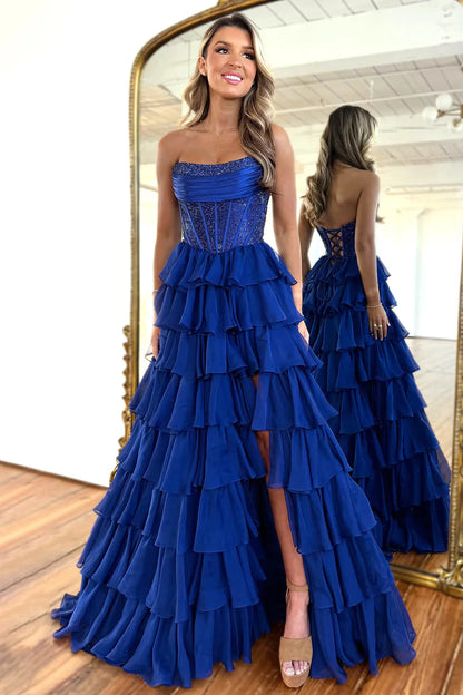 Gorgeous A Line Strapless Daffodial Tiered Chiffon Prom Evening Dresses with Hot Stone