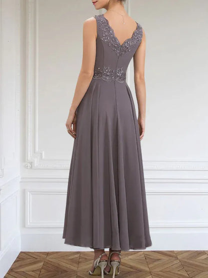 A-line V-Neck Ankle-Length Chiffon Mother of the Bride Dress With Sequins Appliques Lace Beading