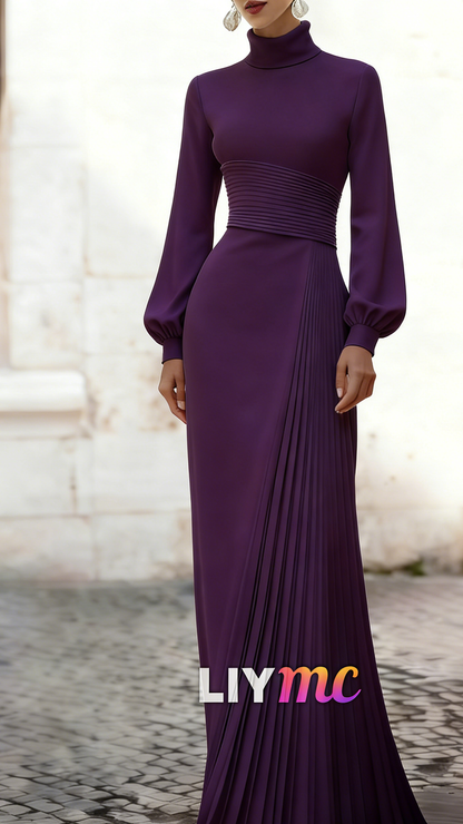 High Neck Long Sleeves A-Line Pleated Evening Dress