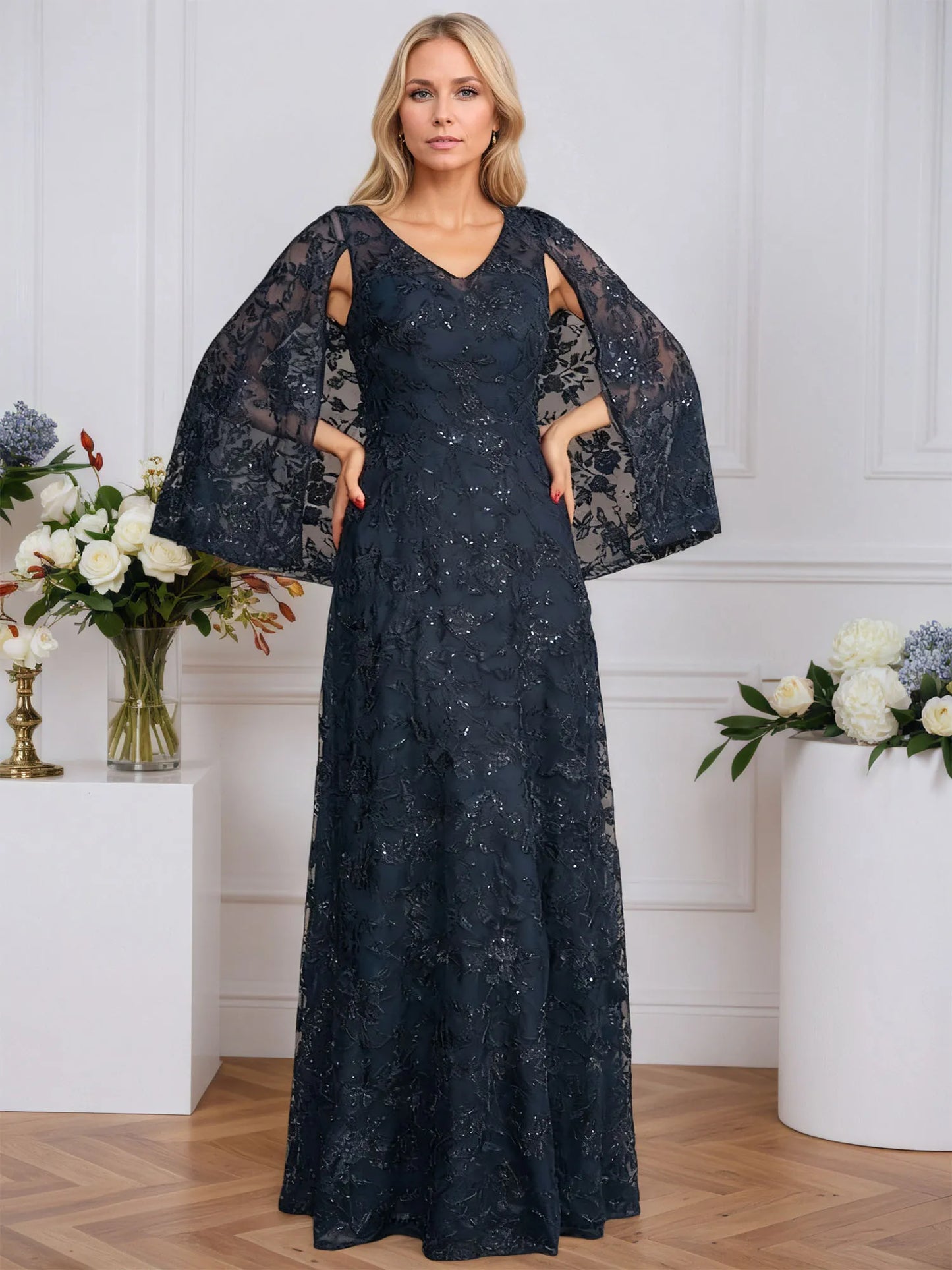 A-line V-Neck Floor-Length Lace Mother of the Bride Dress With Sequins