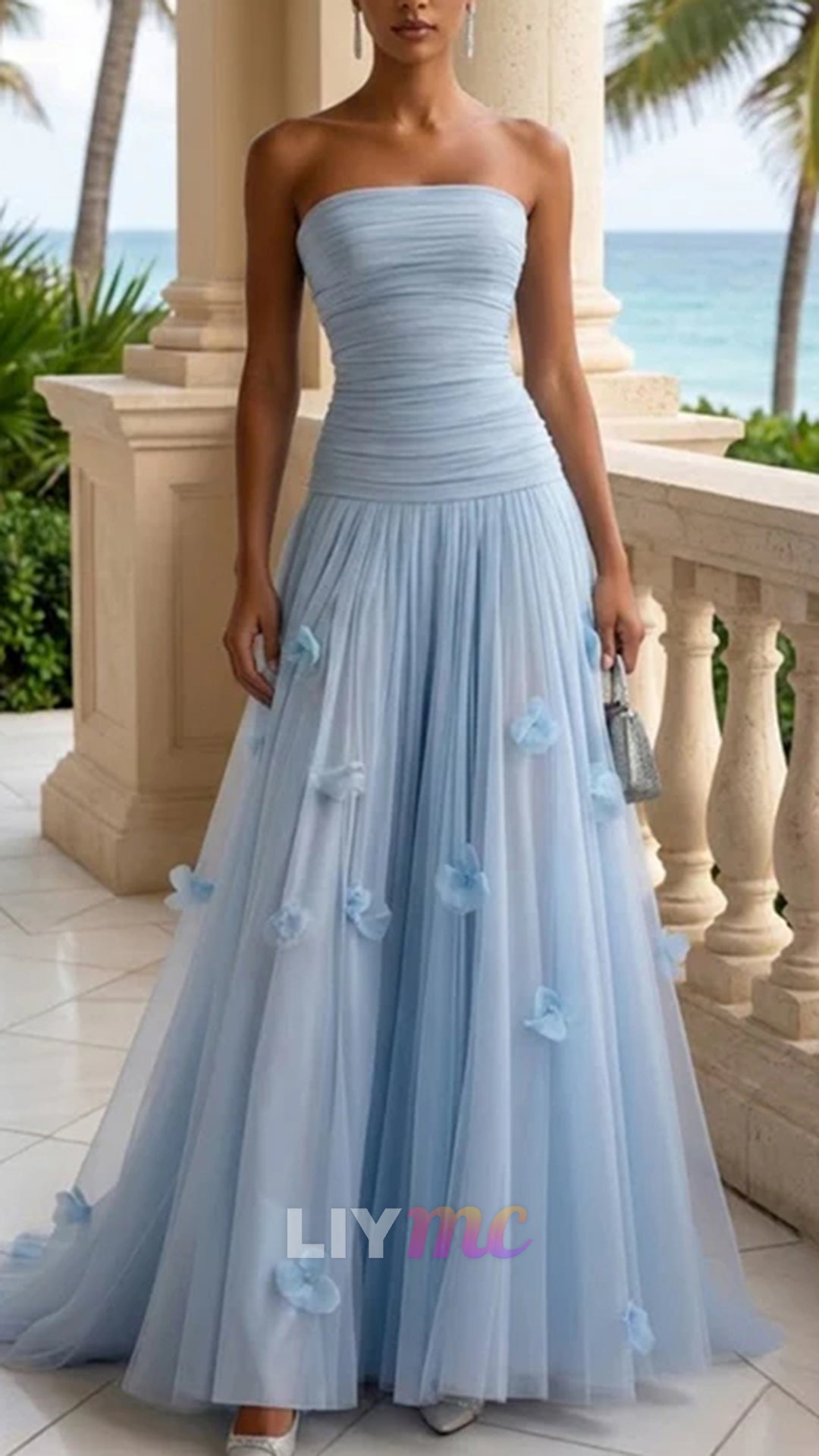 Light Blue Evening Dress with 3D Flower Strapless Pleat Maxi Dress