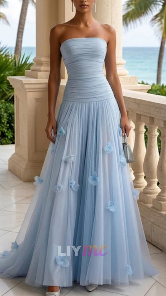 Light Blue Evening Dress with 3D Flower Strapless Pleat Maxi Dress