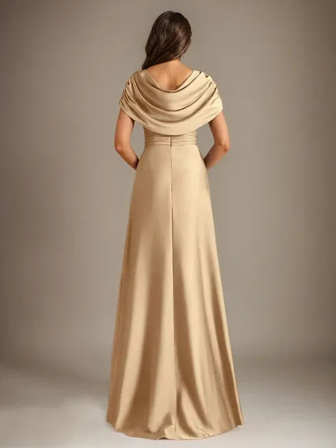 A-Line Scoop Floor-Length Stretch Satin Mother of the Bride Dress With Cascading Ruffles