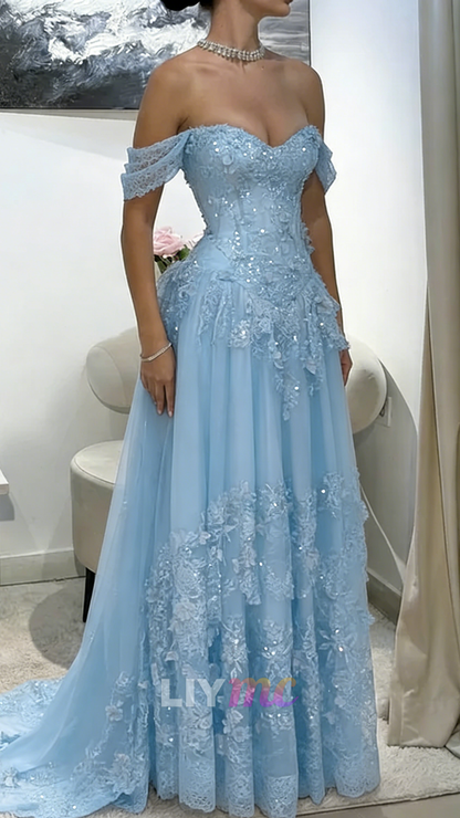 Off-Shoulder Appliques Tulle A-Line Corset Prom Dress