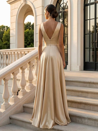 Champagne V Neck Evening Dress with Ruffle A Line Maxi Dress