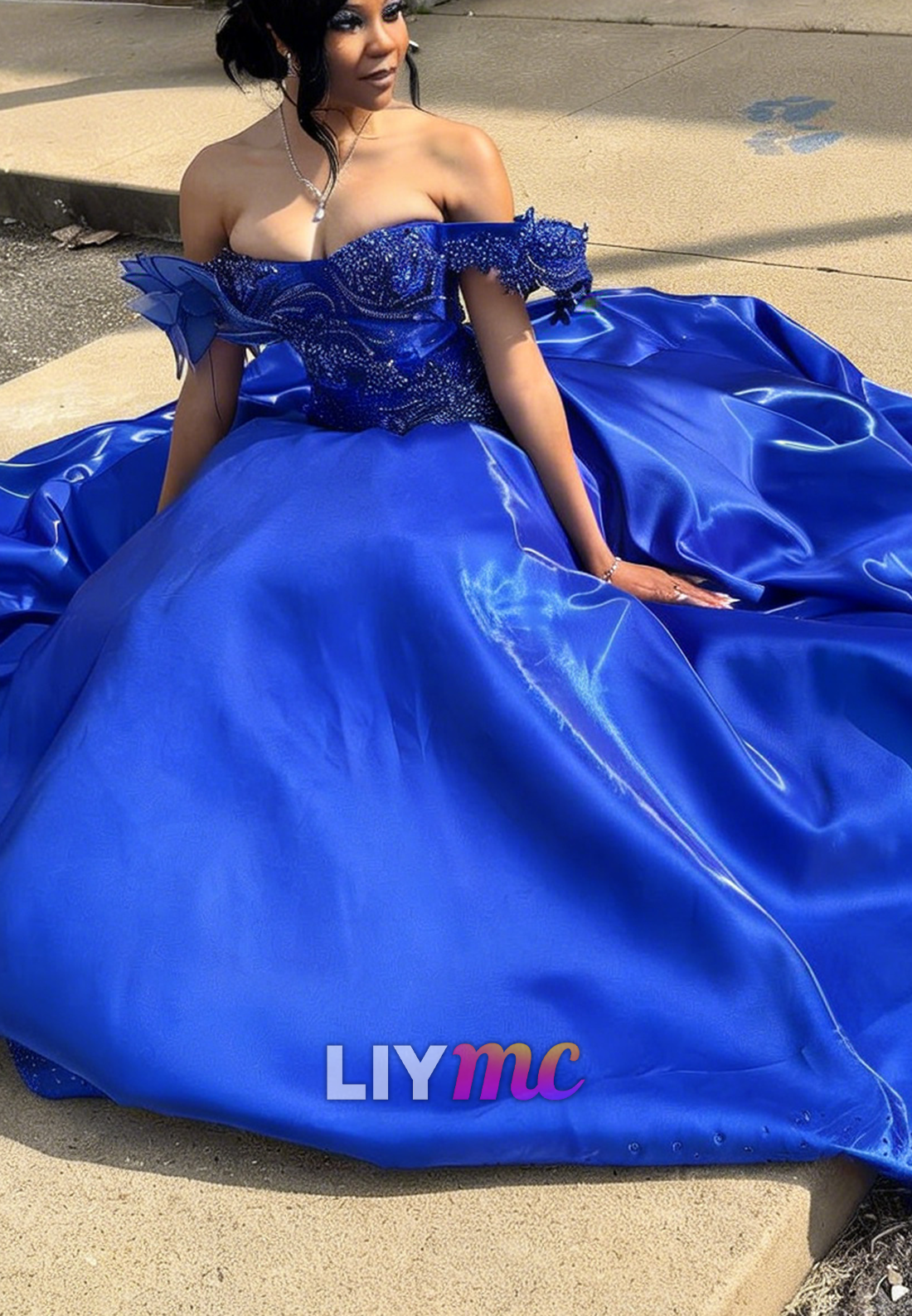 Princess Off-the-shoulder Long Ball Gown Royal Blue Satin Beaded Prom Dress