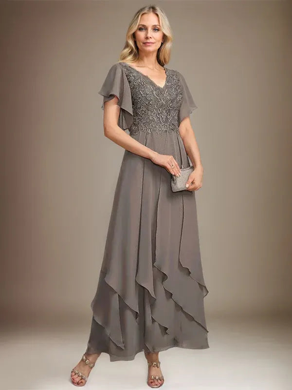 A-line V-Neck Ankle-Length Lace Chiffon Mother of the Bride Dress With Cascading Ruffles