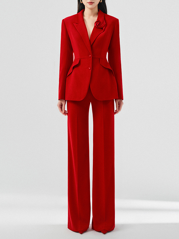 Red 3D Roses  Blazer And Trousers 2-Piece Suit
